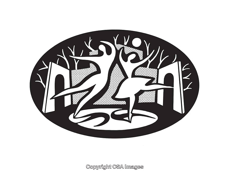 Graceful Dancing Figures in Black and White Line Art Style