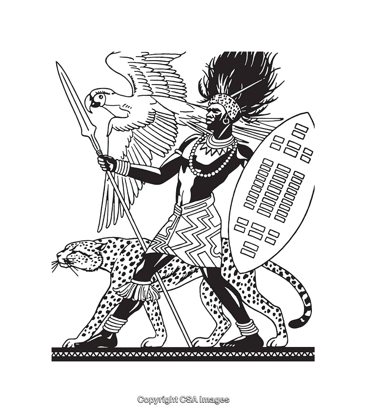Black and White Line Art Depicting Warrior with Shield and Animals