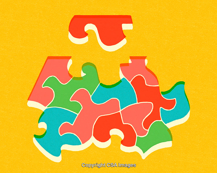 Colorful Puzzle Piece Composition on Bright Yellow Background