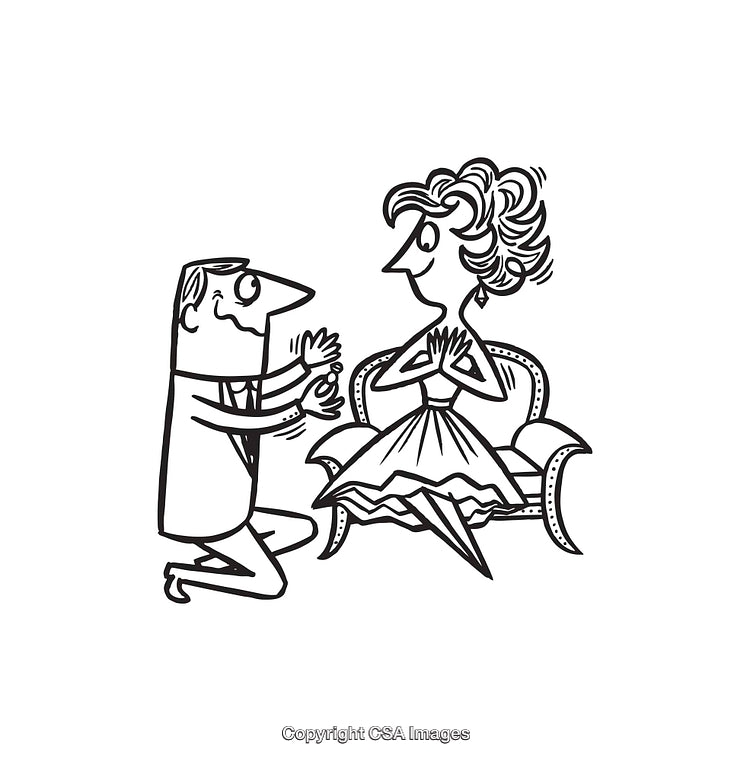 Vintage Style Proposal With Couple Smiling in Comedic Line Art