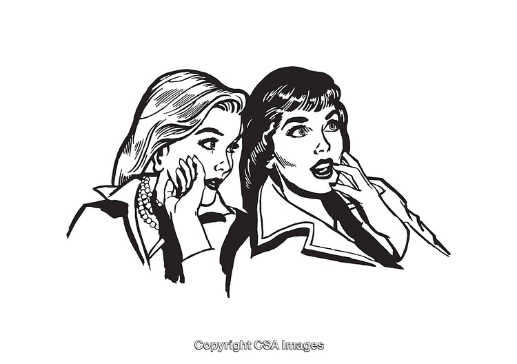 Retro Line Art Illustration of Two Surprised Women Sharing a Secret
