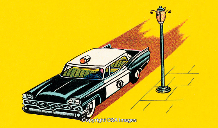Retro Police Car Illustration Against Yellow Background in Vintage Comic Book Style