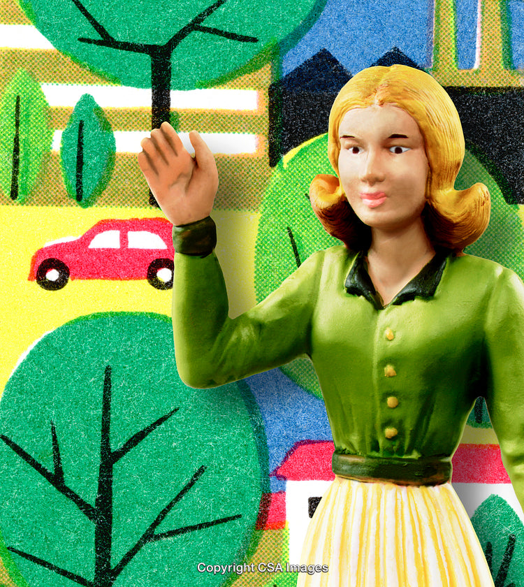 Plastic Toy Figure on Colorful Background with Nature and Car Elements