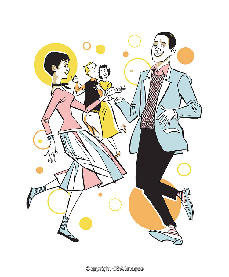 Retro Swing Dance Scene with Vibrant Colors and Joyful Expressions