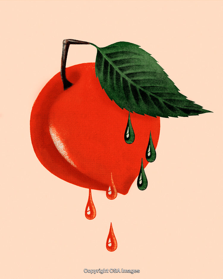 Illustration of a Dripping Red Fruit with Green Leaf on Pastel Background