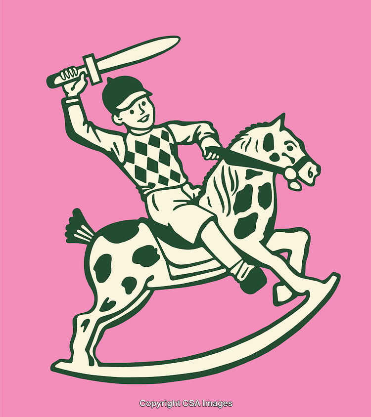 Vintage Style Illustration of Child on Rocking Horse With Toy Sword