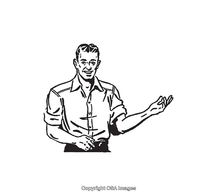 Black and White Line Art of Smiling Man Presenting