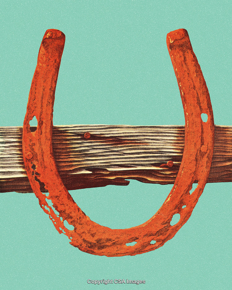 Rusty Horseshoe on Wooden Plank Against Bright Minimal Background