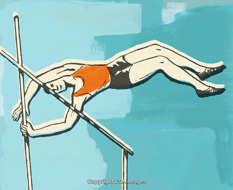Illustration of a Pole Vaulter Mid Perch Against a Blue Sky Background