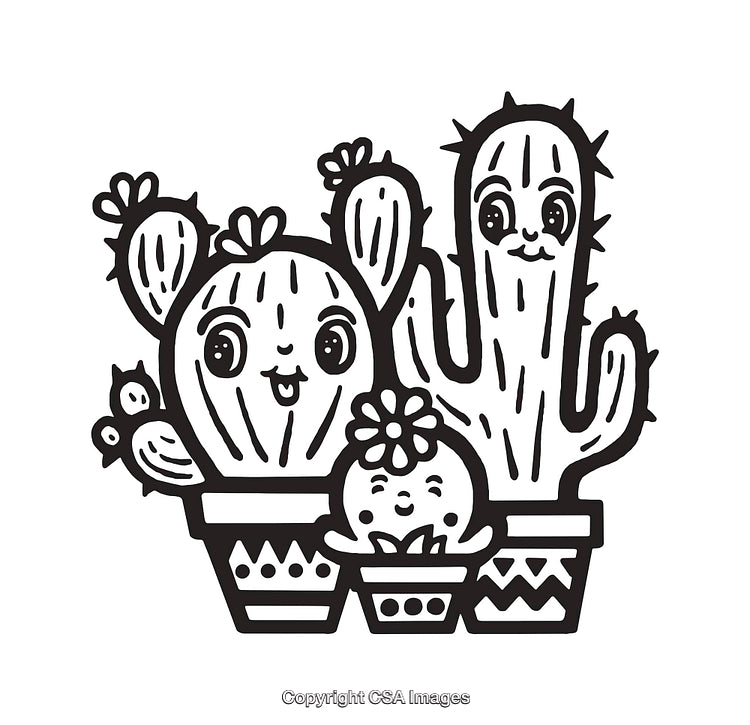 Adorable Black and White Cactus Family Line Art Illustration
