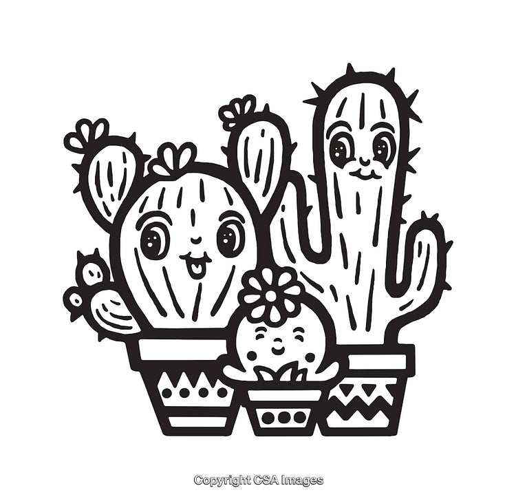 Adorable Black and White Cactus Family Line Art Illustration