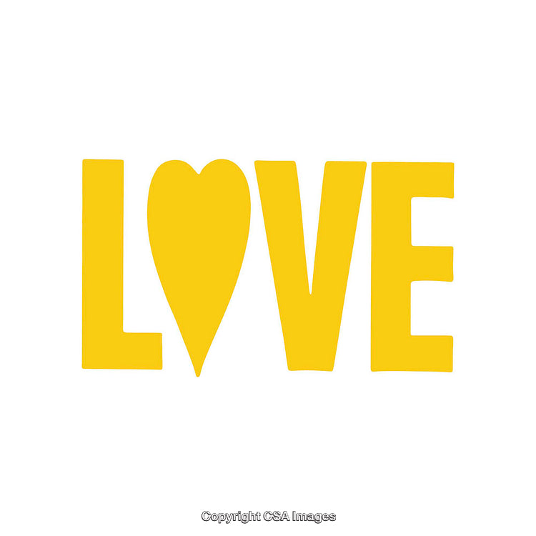 Yellow Love Text with Heart-Shaped Letter on White Background