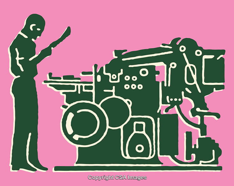 Colorful Illustration of a Printer Operator and Vintage Printing Press