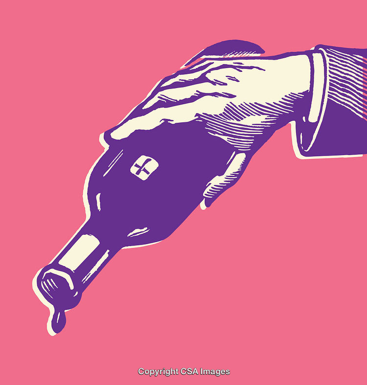 Illustration of Hand Pouring Wine From a Bottle on Pink Background
