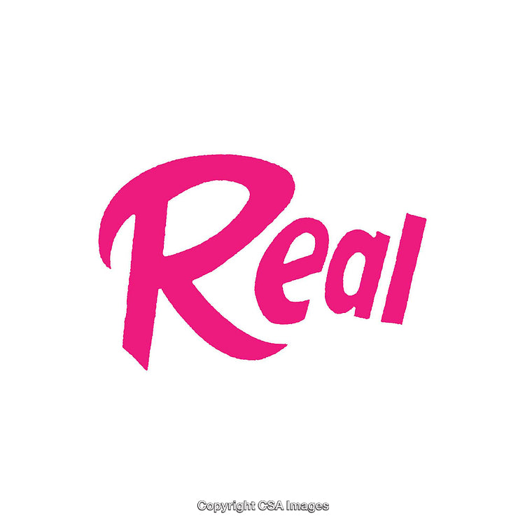 Pink-Text Graphic Featuring the Word Real on a White Background