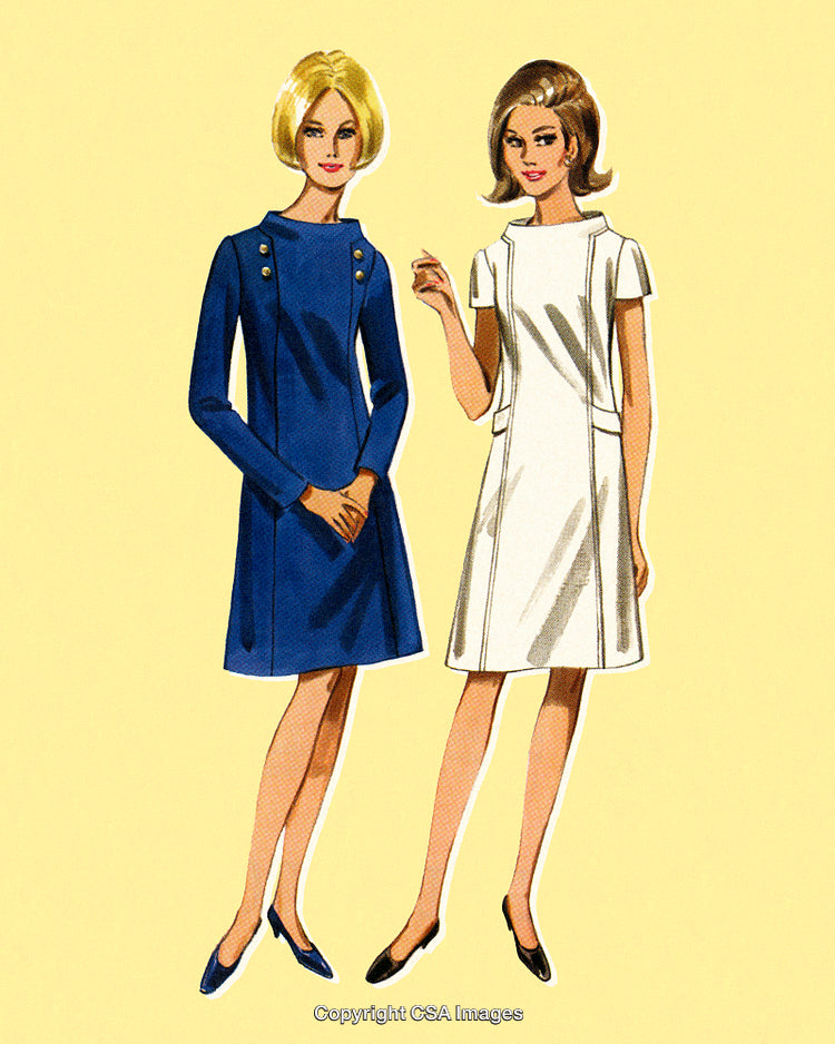 Vintage Fashion Illustration Depicting Elegant Dresses with Stylish Women