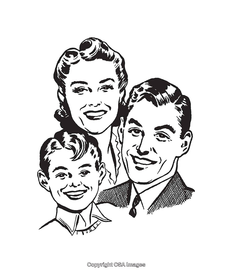 Retro Line Art Illustration of a Cheerful Family Portrait