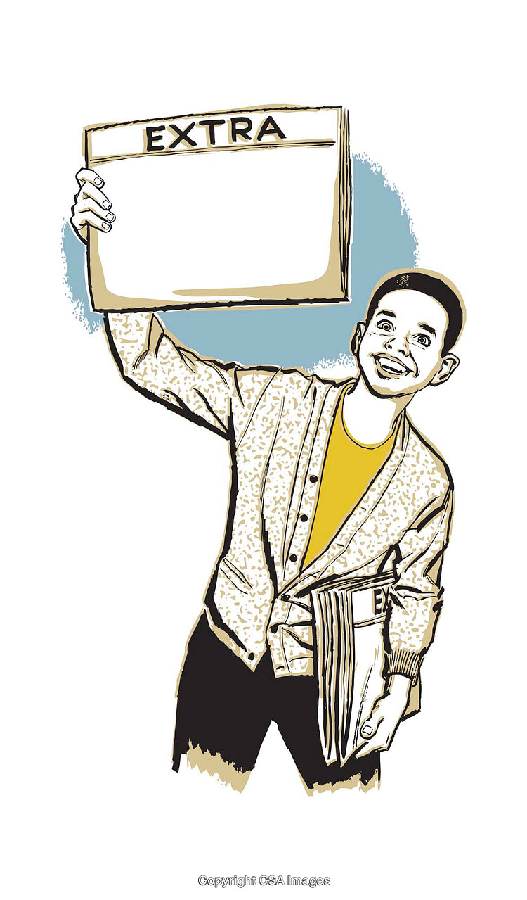 Vintage Illustration of a Paperboy Holding Blank Newspaper Sign Above