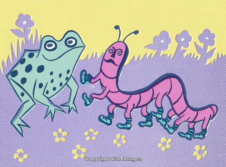 Illustration of Frog and Caterpillar in a Vibrant Floral Landscape