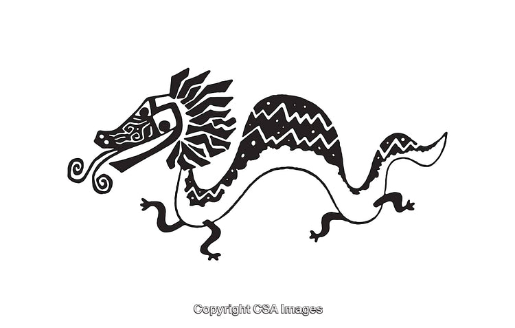 Black and White Line Art Illustration of a Stylized Dragon Design
