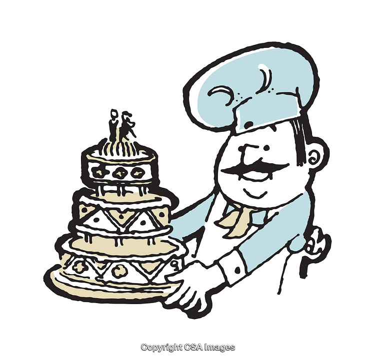 Cartoon Chef Presenting a Multilayer Cake with a Wedding Theme