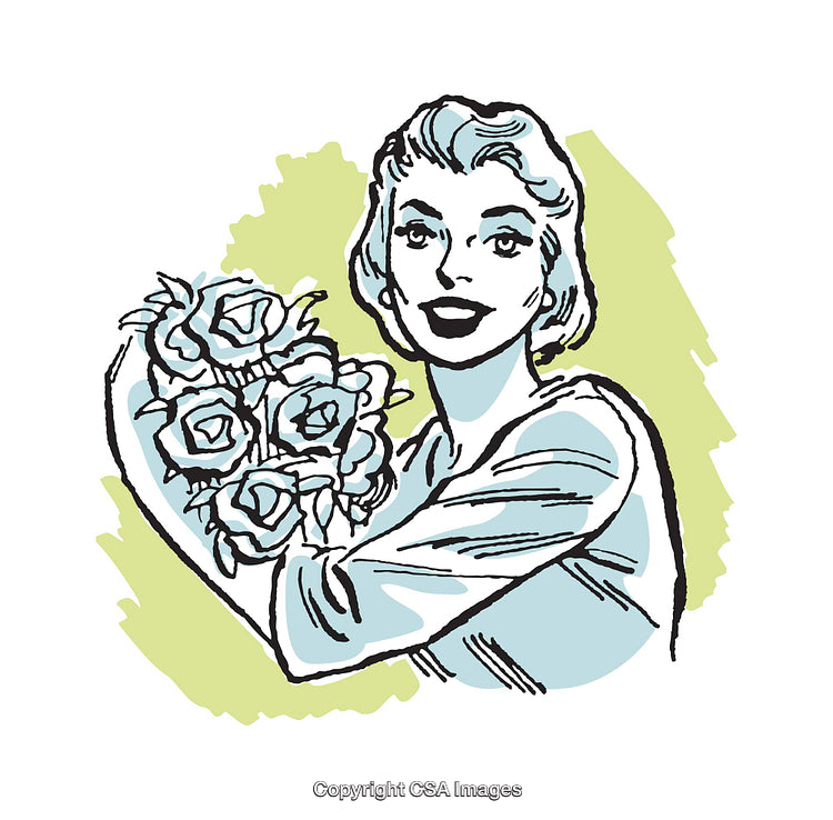 Retro Style Illustration of Woman Holding a Bouquet of Flowers