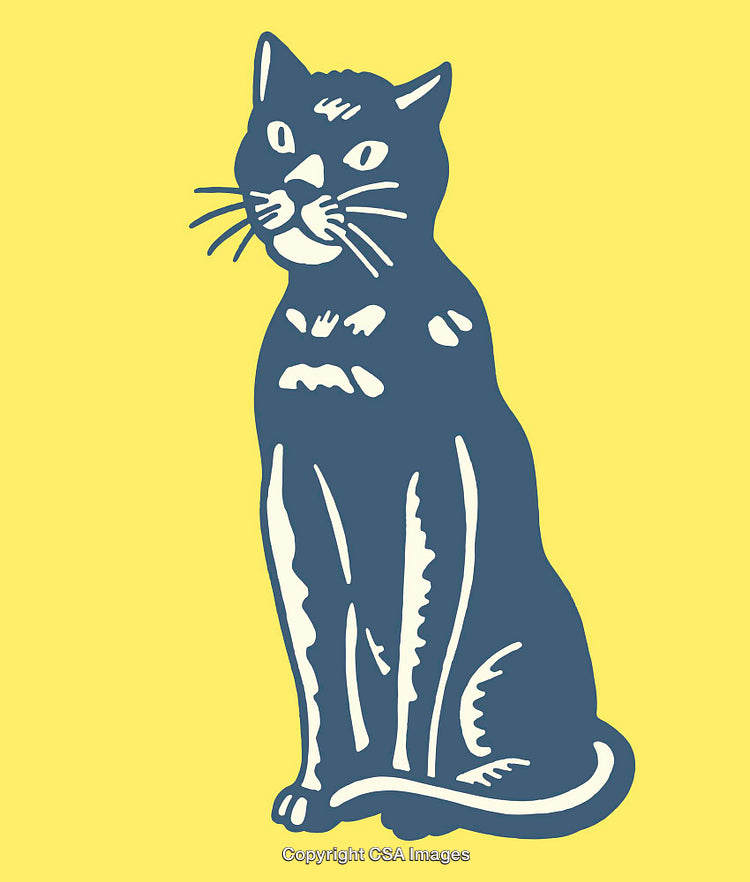 Stylized Line Art Illustration of a Sitting Cat on Vibrant Yellow Background
