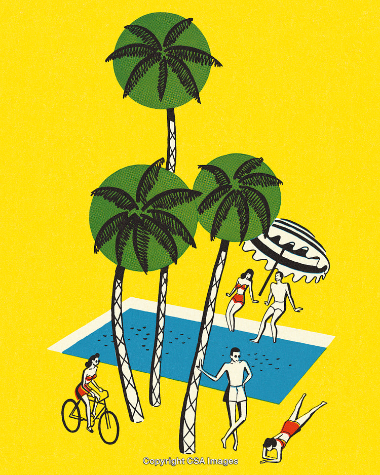 Colorful Design of Tropical Beach Scene with Swimming Pool and Palm Trees