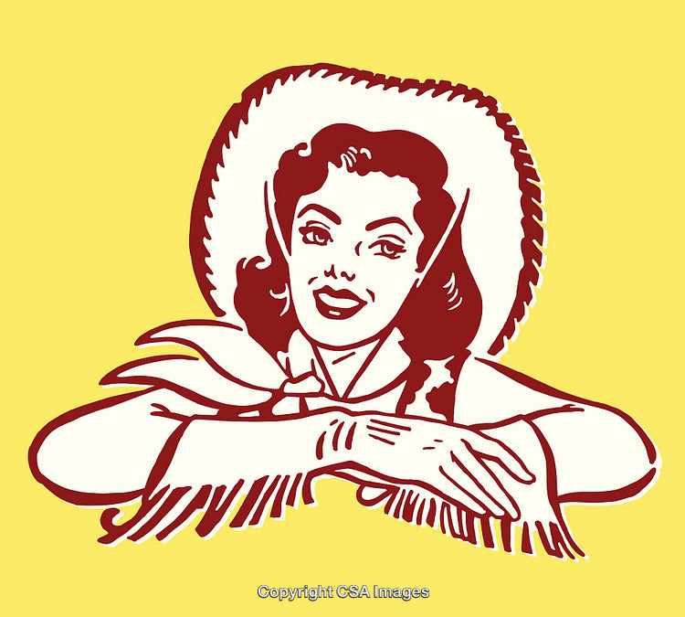 Retro Style Illustration of a Smiling Cowboy Woman on Yellow Background