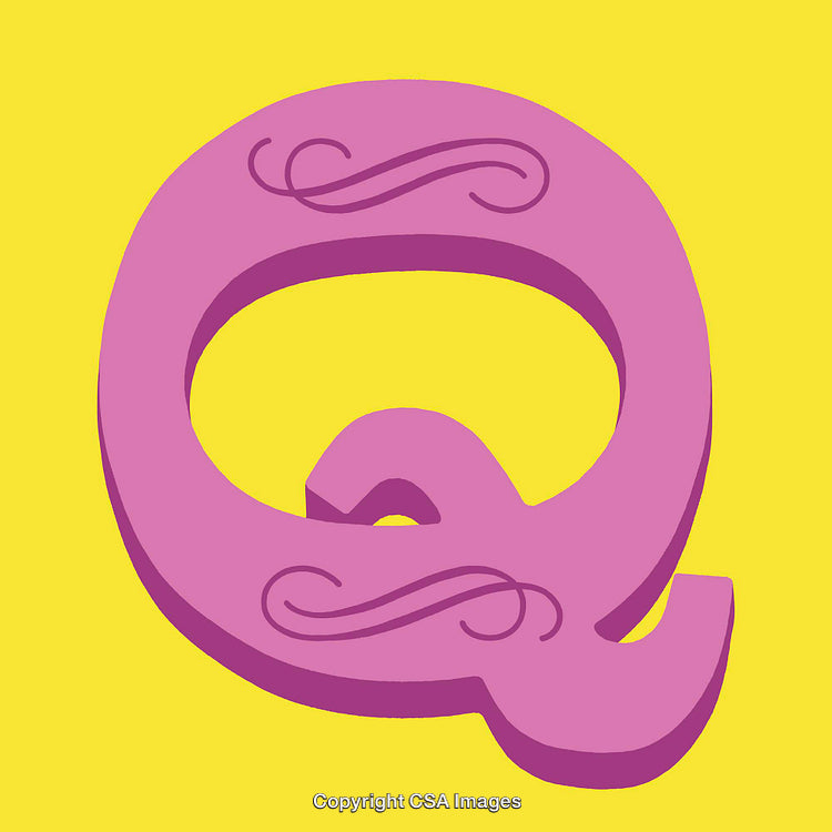 Pink Ornate Letter 'Q' on Vibrant Yellow Background