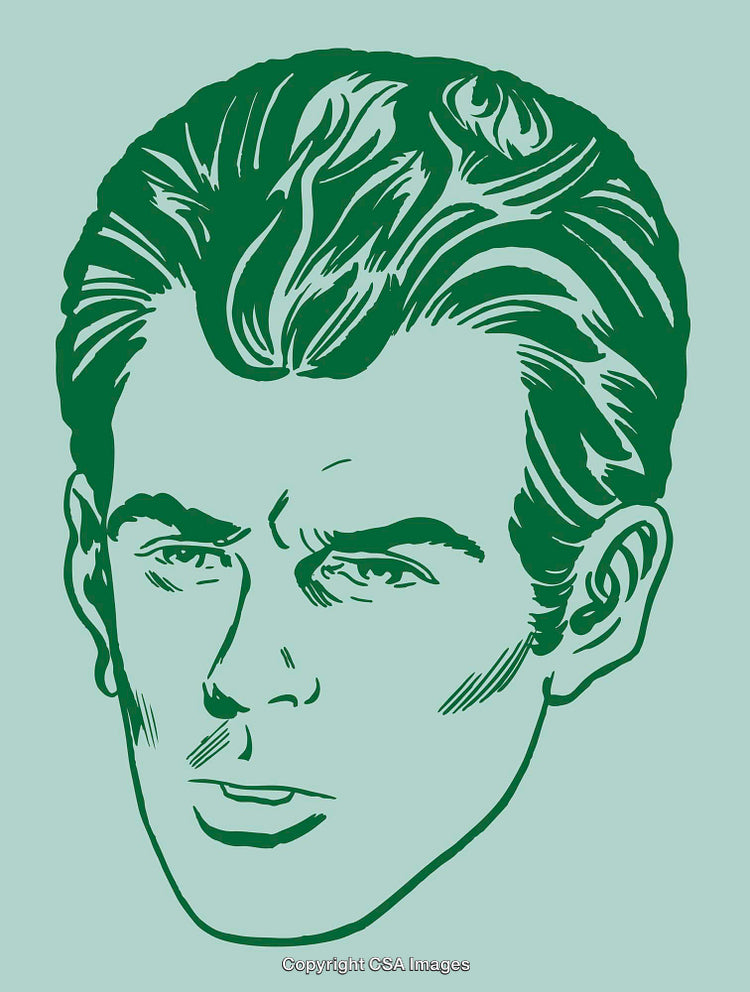 Retro Styled Illustration of a Man's Face in Green Tones on Blue Background