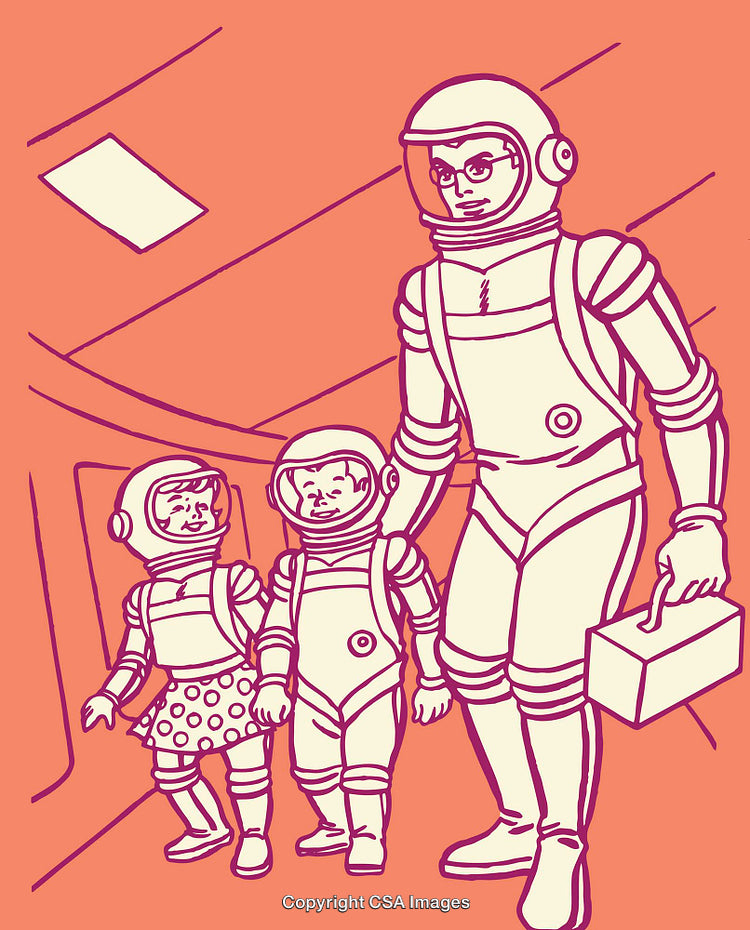 Family in Spacesuits Walking Inside a Spacecraft