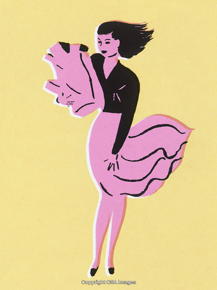 Abstract Illustration of a Stylish Woman in Pink Dress on Yellow Background