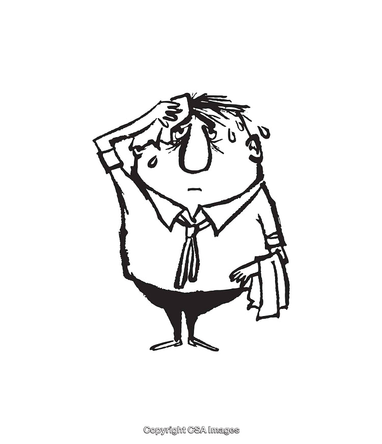 Black and White Cartoon Illustration of a Sweating Businessperson Holding a Towel