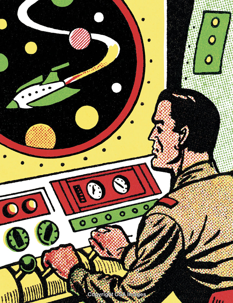 Retro Comic Style Spacecraft Control Panel with Astronaut