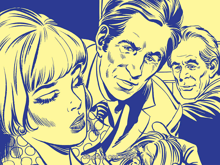 Vintage Comic Style Illustration of Three Characters in a Dramatic Scene