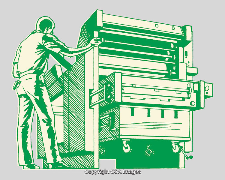 Worker Operating Industrial Printing Press Machine in Line Art Illustration