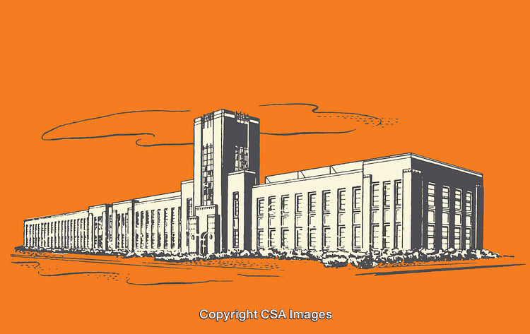 Line Art Illustration of a Large Building on Orange Background