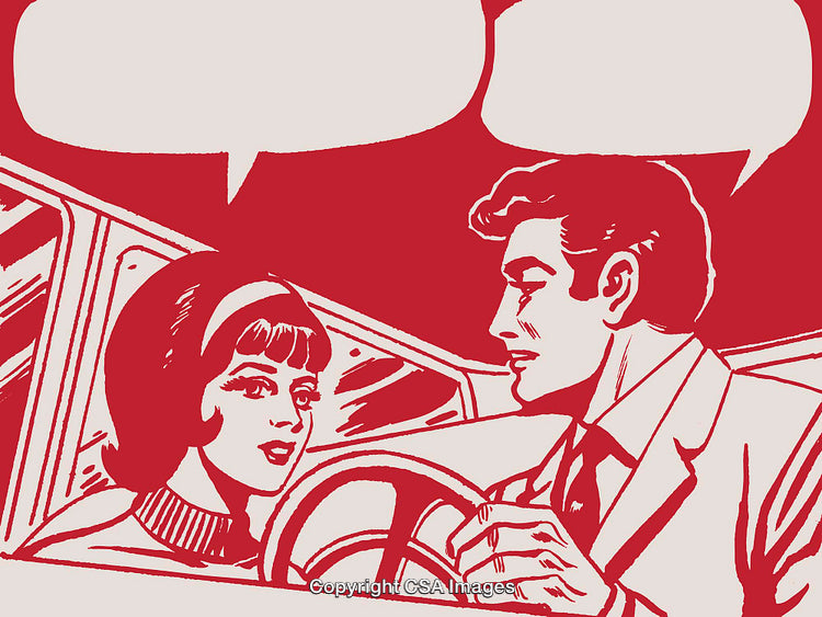 Vintage Comic Style Illustration of a Conversation Between Two People in a Car
