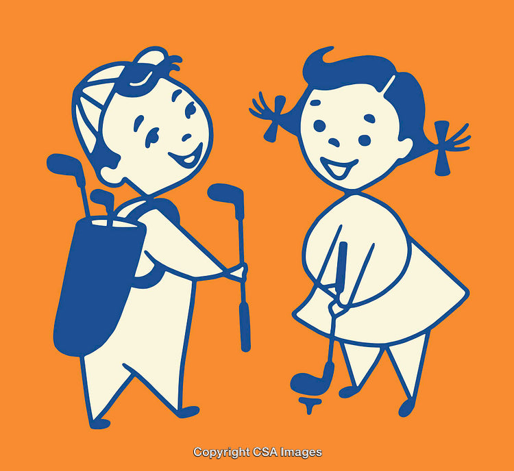 Retro Illustration of Cheerful Kids Playing Golf with Bright Colors