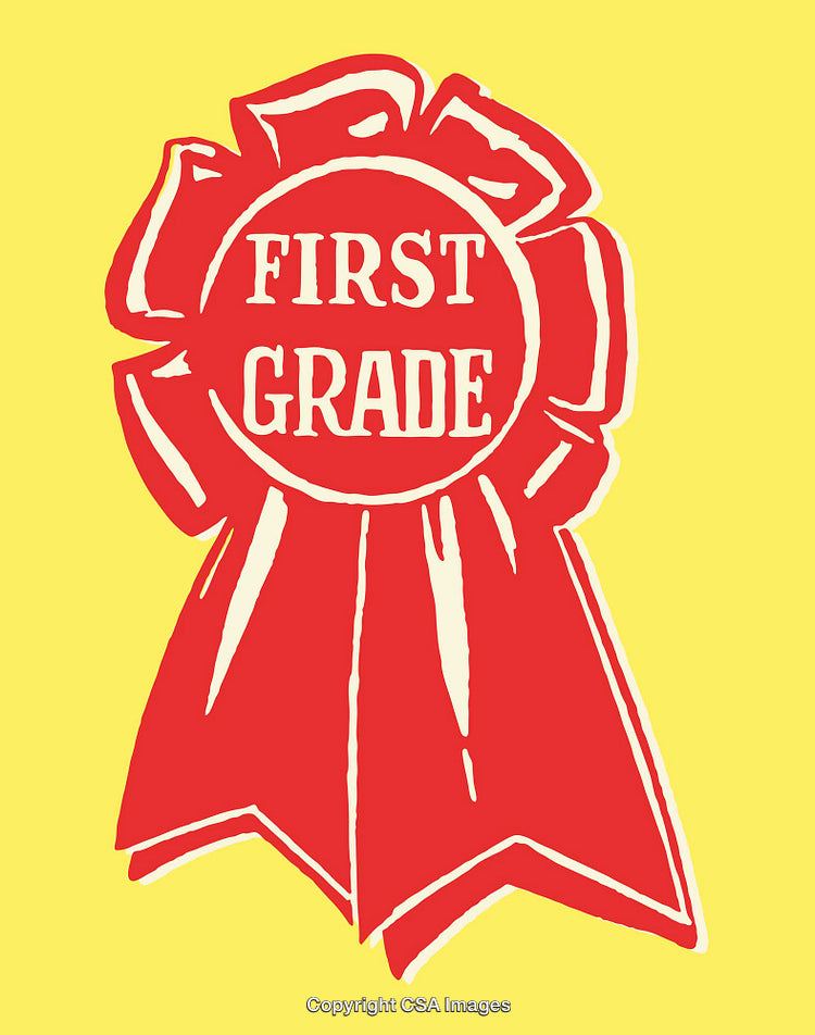 Red Rosette Illustration Featuring 'First Grade' on a Yellow Background
