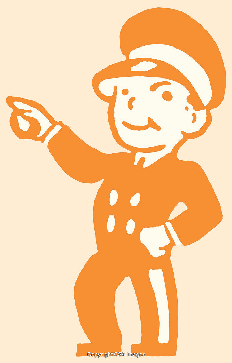 Illustration of a Cheerful Uniformed Figure Pointing in a Friendly Gesture