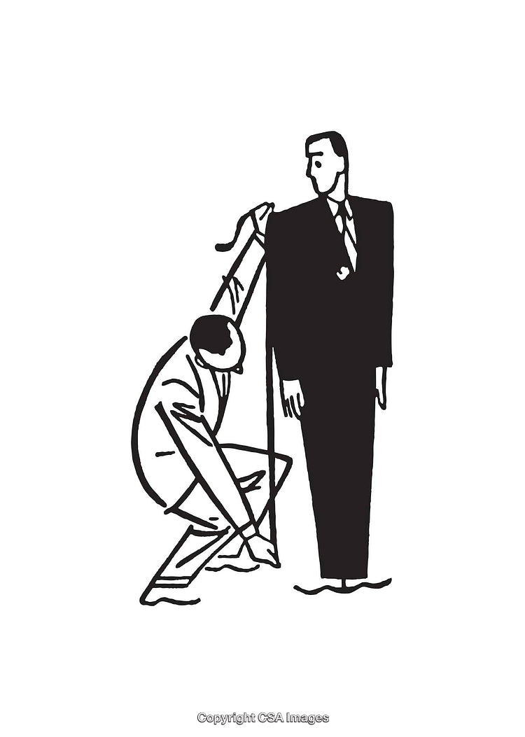 Black-and-White Illustration of a Tailor Measuring a Man for a Suit