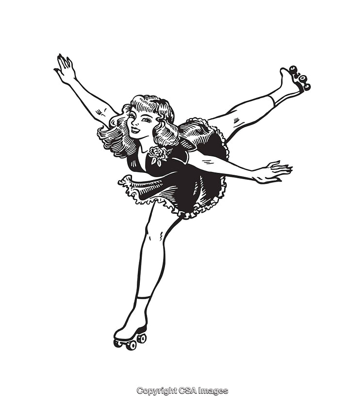 Elegantly Skating Woman in Vintage Roller Skates Line Art Illustration