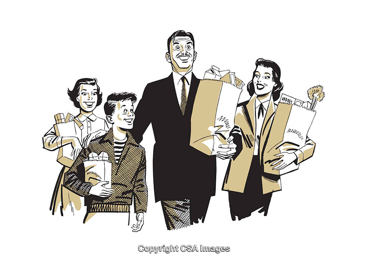 Smiling Family Carrying Groceries in Retro Illustration Style