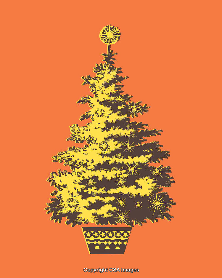 Festive Yellow Christmas Tree Illustration with Orange Background in Graphic Style