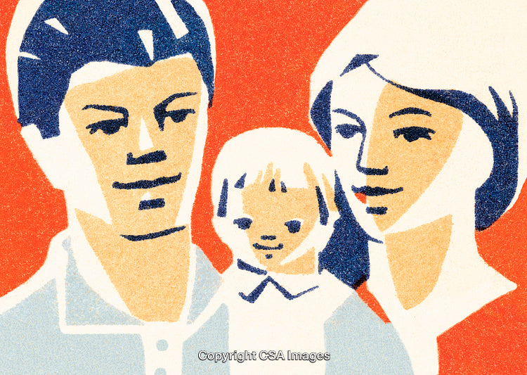 Illustrated Retro Family Portrait Depicting Parents and a Child in Red Background