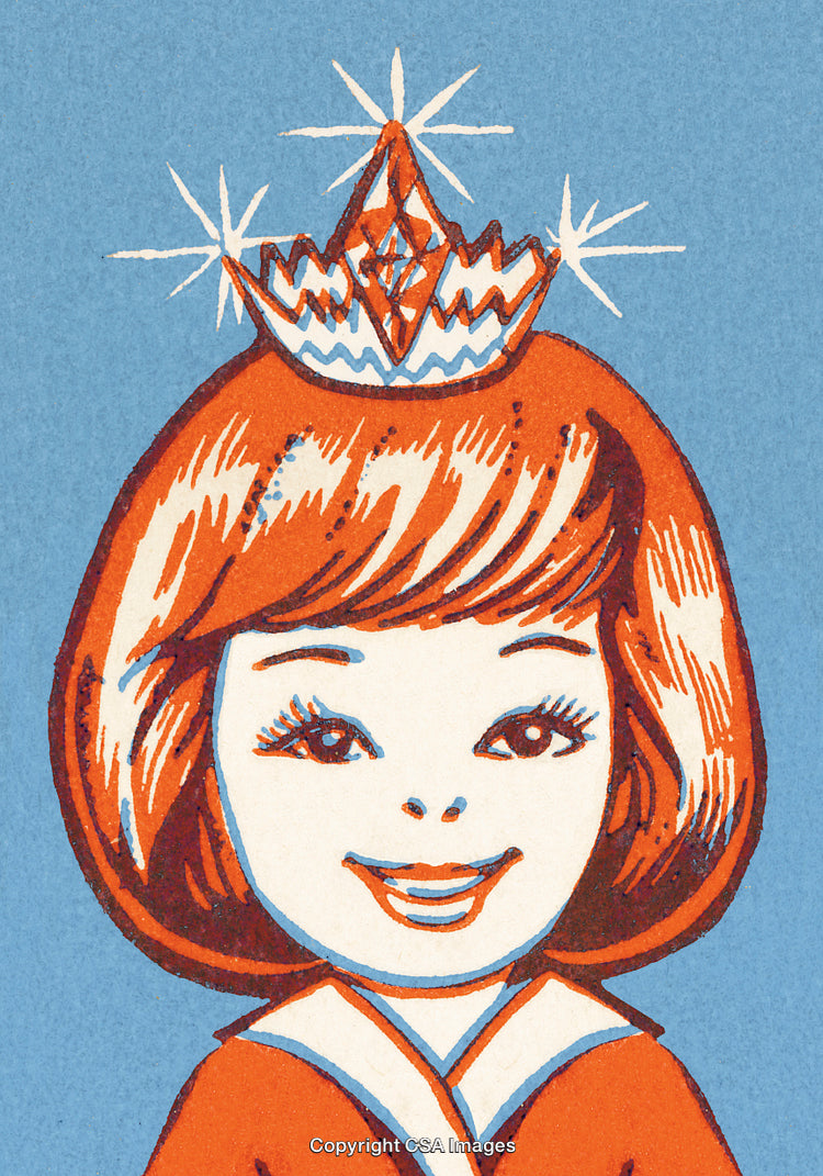 Retro Illustration of a Smiling Girl Wearing a Crown in Vibrant Colors