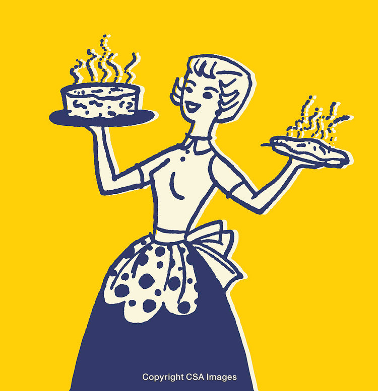 Retro Illustration of a Woman Holding a Cake and a Pie