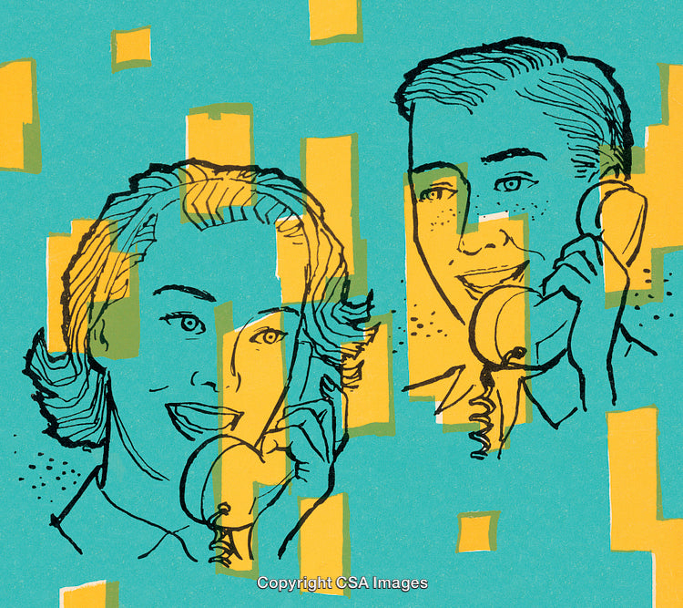 Retro Illustration of People Using Telephones with Colorful Artistic Overlay